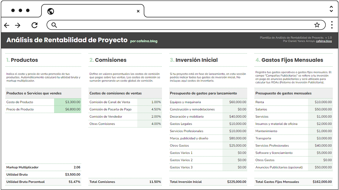 Plantilla Excel Gratis para hacer Plan de Negocio y Plan Financiero - Carga de Datos del Proyecto